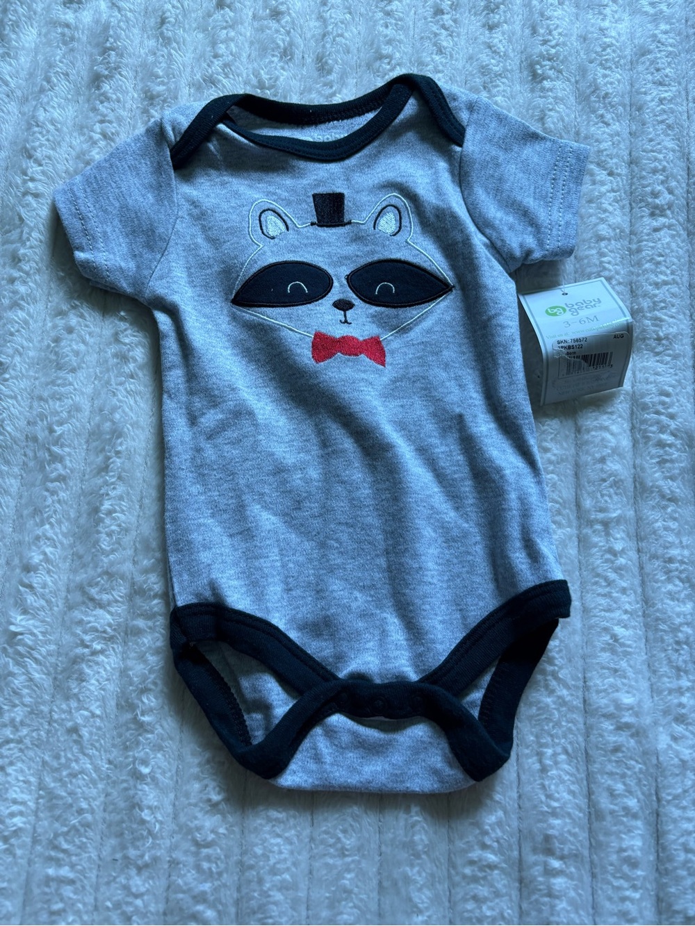 Baby Gear Gray One-Piece with Raccoon Applique and Red Bow